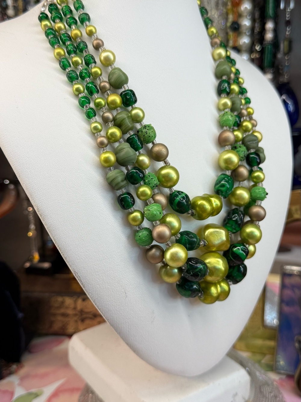 Vintage Japan Multi-Strand Green Glass & Lucite Statement Beaded Necklace - Picture 2 of 5